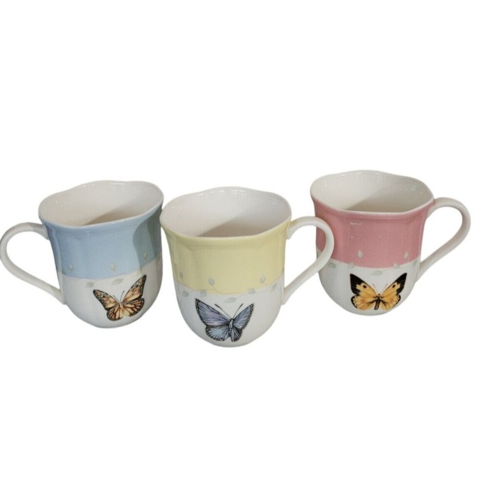 Lenox Butterfly Meadow Set of 3 Porcelain Coffee/Tea Cups Mugs 12oz Replacements